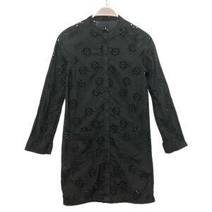 Vintage Black Eyelet Schiffli Embroidery Lace Floral Snap Tunic Blouse Top
